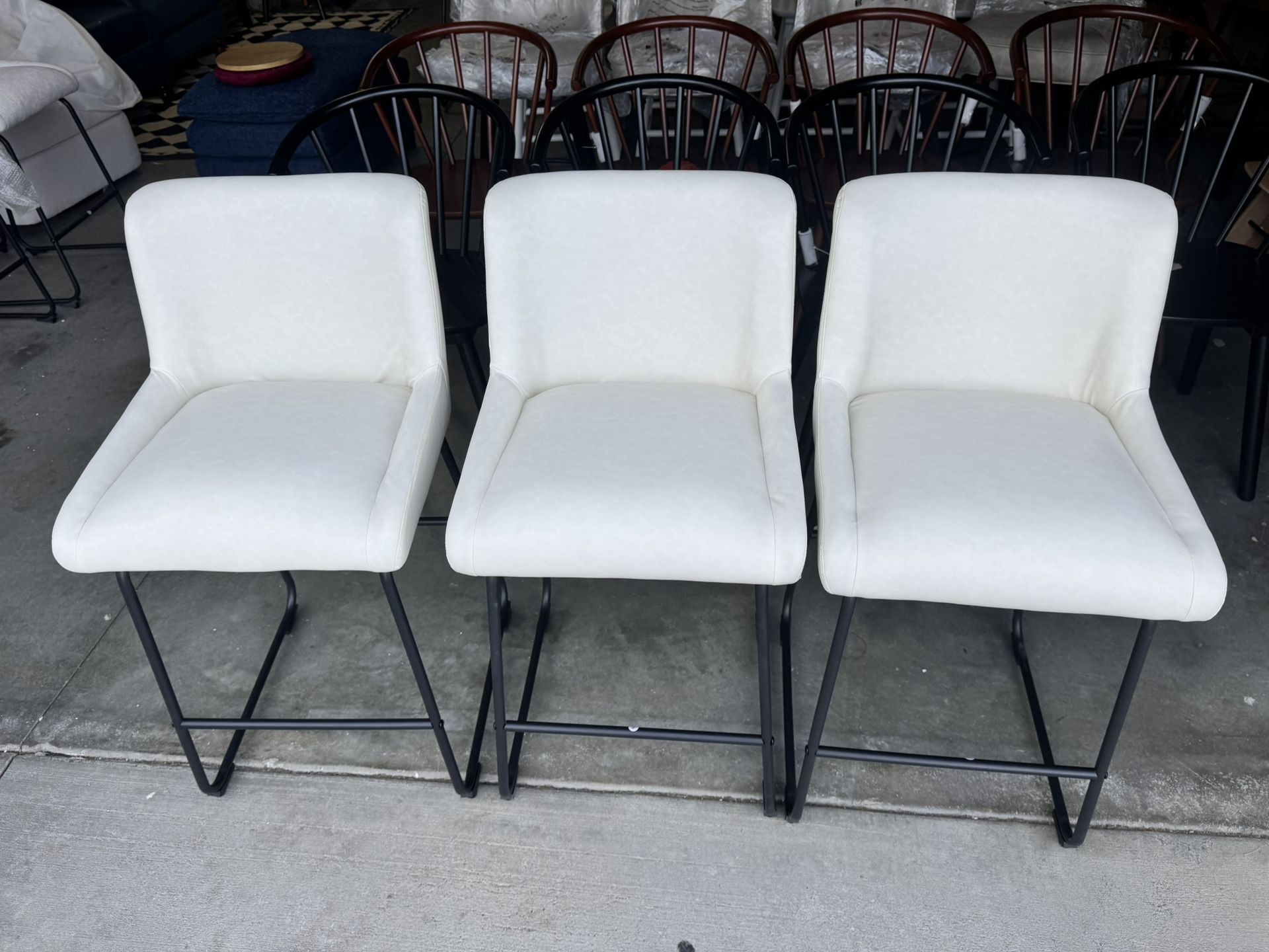 Set Of 3, Faux Leather Ivory Counter Height Stools