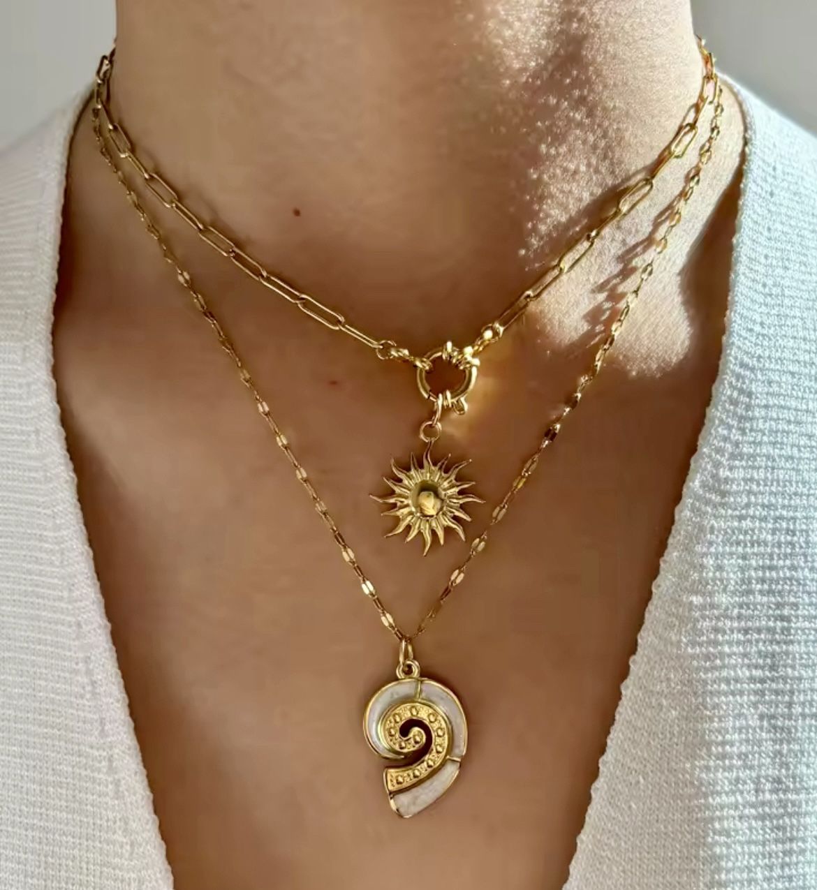 2-Piece Necklace 18K Gold-Plated Stainless Steel Sun & Wave Enamel Pendant