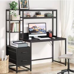 J0378 55 Inch Computer Desk with 2 Drawers and Storage Shelves, Rustic Office Desk with Hutch, Study Writing Gaming Table Laptop Workstation for Home 