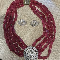 Stone And American Diamond Necklace With Earrings 