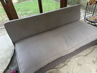 Restoration Hardware Outdoor Wicker Sofa with Gray Cushions