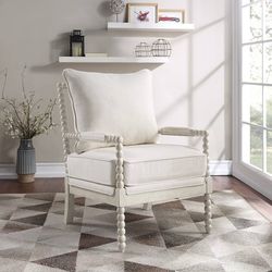 Home Furnishings Kaylee Spindle Accent Chair with Antique White Wood Frame, White Linen Fabric