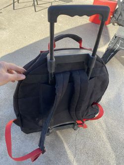Rolling Drum pack backpack inside is 18” tall 16” wide 6” deep wheels and handle work fine.