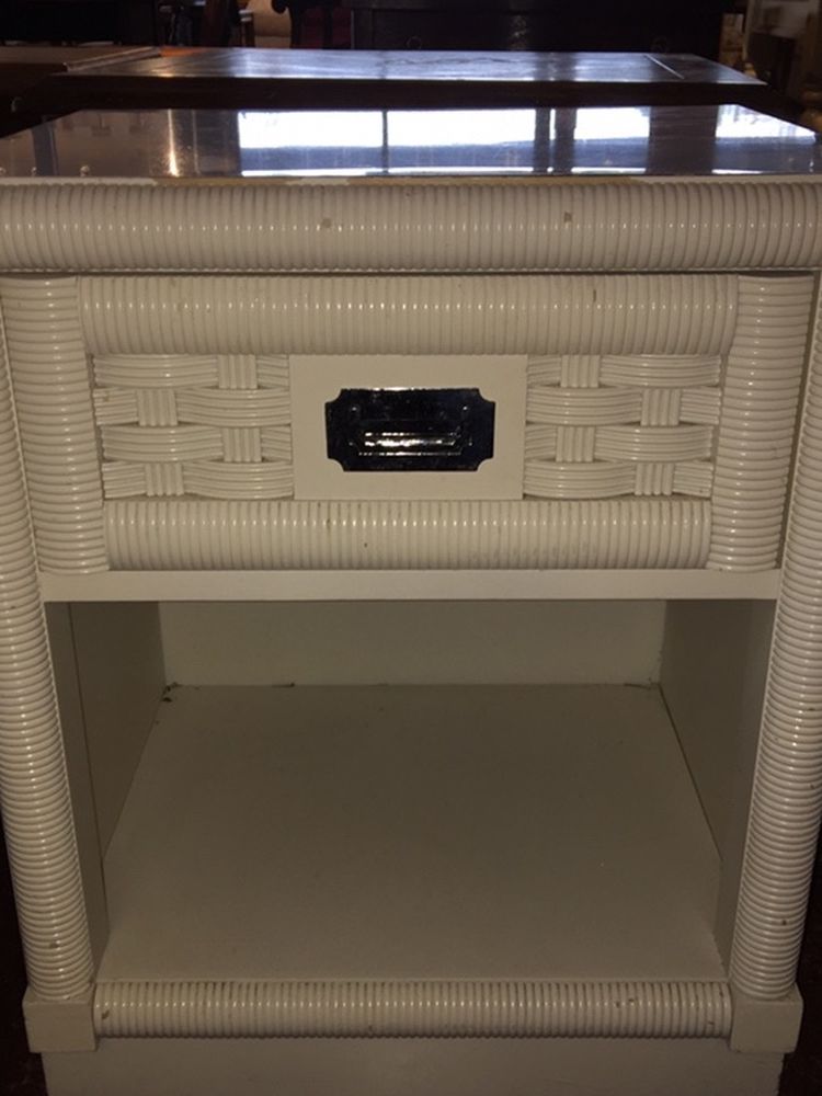 White one drawer wicker style nightstand