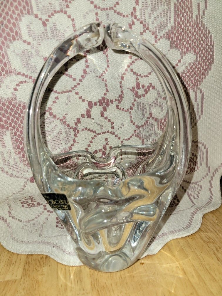 TOSCANY LEAD CLEAR CRYSTAL STUDIO ART GLASS BASKET VASE 7.5 in