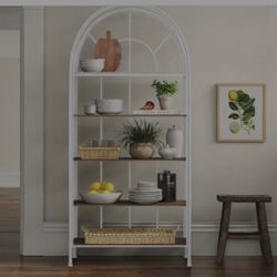 White Arched Etagere Bakers Rack/Book Shelf with Wooden Shelves