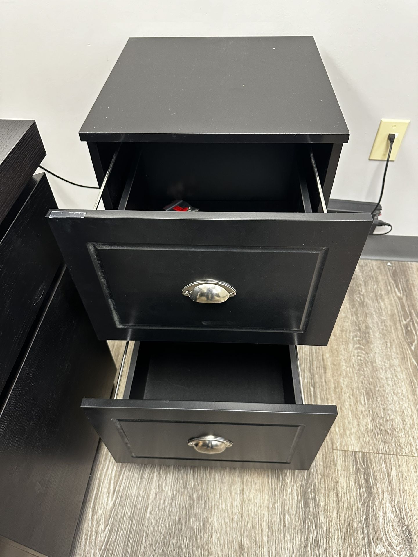 Black wooden two drawer filing cabinent