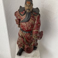 21” Samurai Warrior Soldier Garden Statue. Asian Chinese Chinoiserie For Yoga or Meditation Room! Mud Man Ceramic Pottery Clay Hand Painted Vintage!
