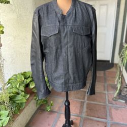 First Mfg. Black Denim Leather Cutlass M Rough Neck Motorcycle Jacket Biker 
