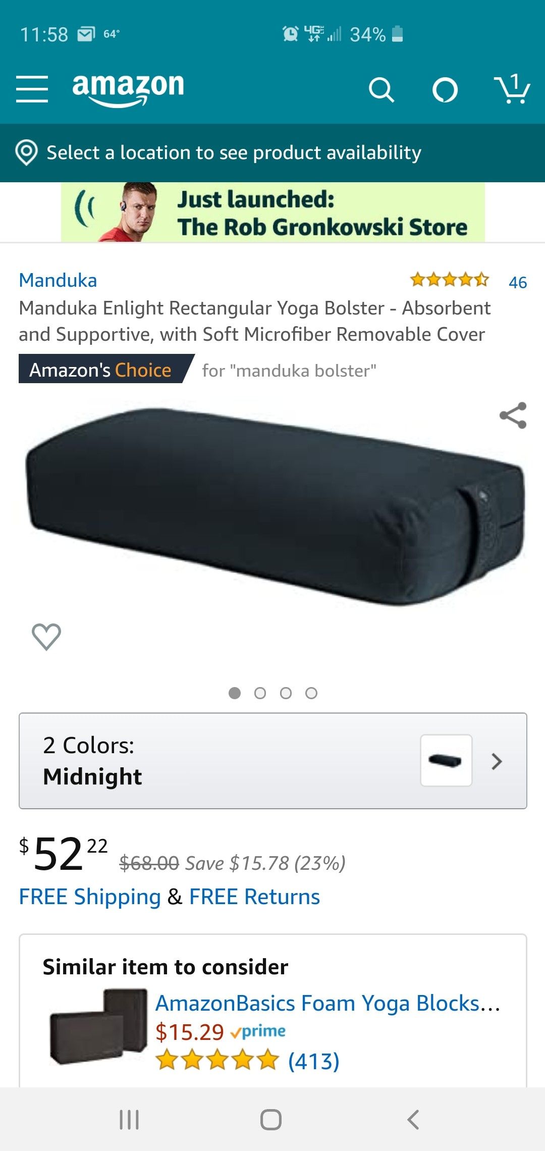 Manduka Enlight Rectangular Yoga Bolster - Absorbent and Supportive, with Soft Microfiber Removable Cover