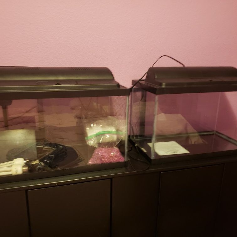 Two 10gal Tanks With Filters, Filtration Medium, Hoods And Extras