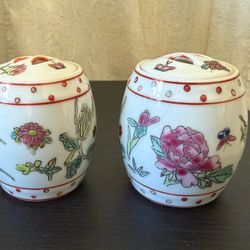 Pair of Vintage Chinese Porcelain Trinket Boxes Four Season Flowers