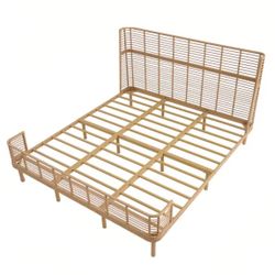 Kyle Modern Boho Natural Brown Metal and PE Rattan Frame California King Platform Bed with Sleek Grid Wing Headboard