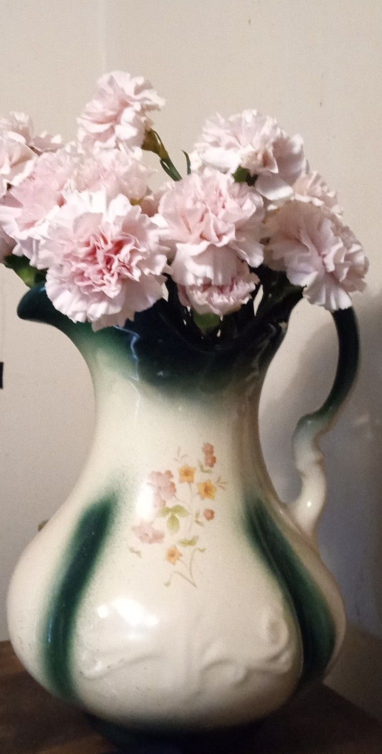 Antique Water Pitcher tall Green & White