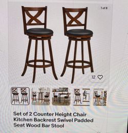 Set of 2 Counter Height Chair Kitchen Backrest Swivel Padded Seat Wood Bar Stool