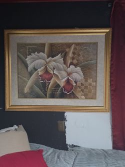 Vintage Style White & Burgundy Orchid Framed Art Picture Gold Checkered Accents
