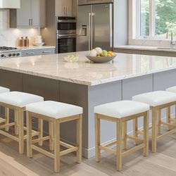 Counter Height White Bar Stools Set of 6 for Kitchen Counter Farmhouse Modern Barstools with Faux Leather Upholstered Backless Seat and Solid Wood Leg