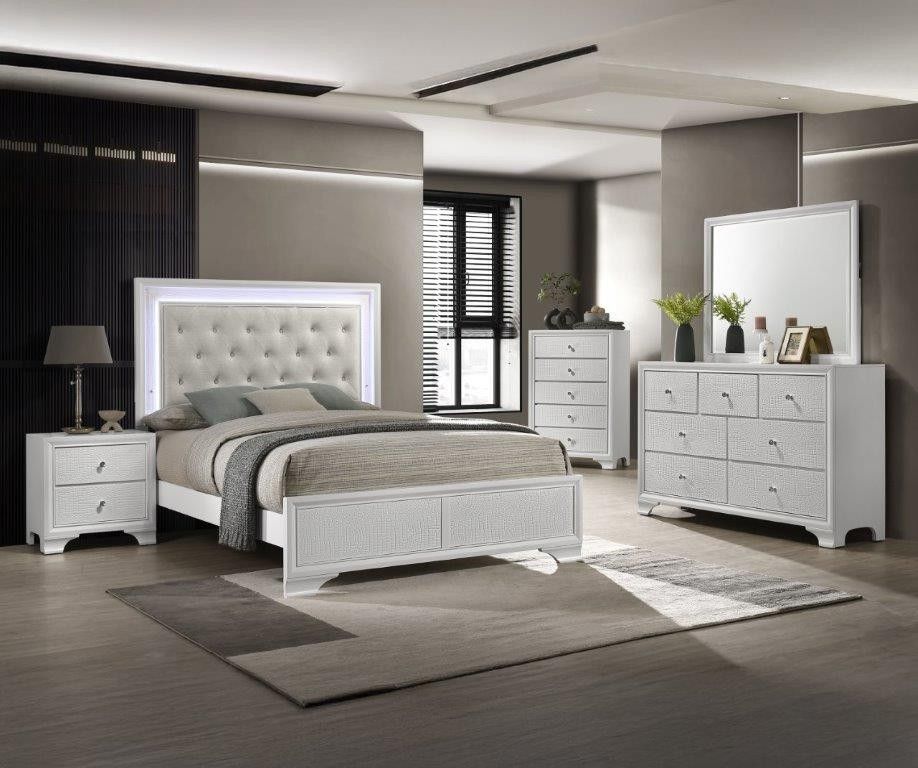 Bedroom Set Queen 4 Pc White Finish, LED Lightbin Headboard. New Especial Price