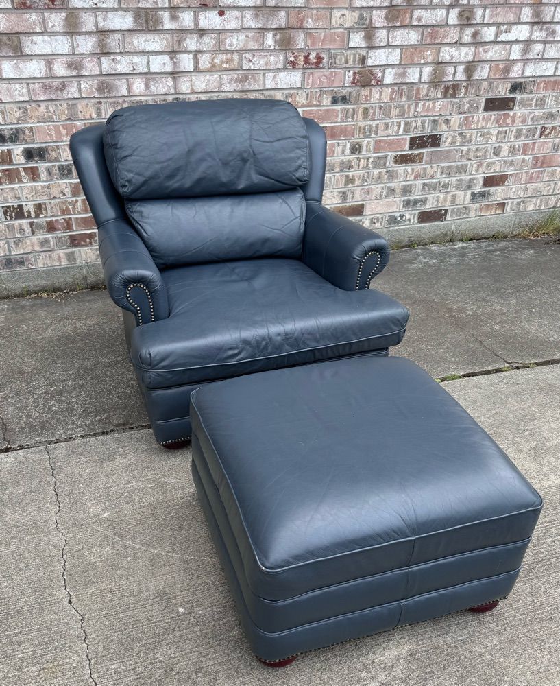 Comfy Blue Leather Chair & Ottoman (Delivery Available)