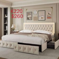 Keyluv King Upholstered LED Bed Frame with 4 Drawers, Velvet(K220)