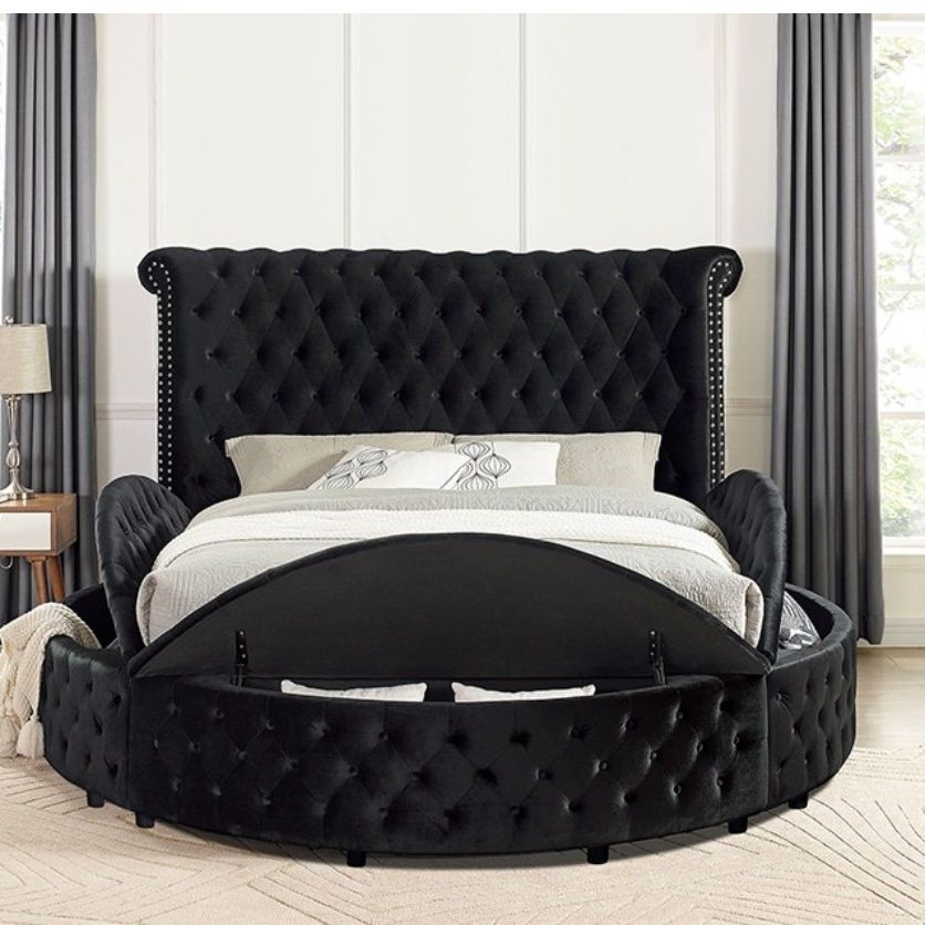 Brand New Plush Black Velvet Queen Size Storage Platform Bed Frame 