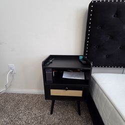 Set of 2 SUPERJARE Rattan Nightstands - Black & Wood