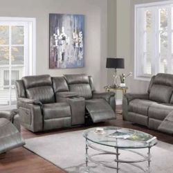 Brand New Grey Breathable Leather 3pc Reclining Sofa Set