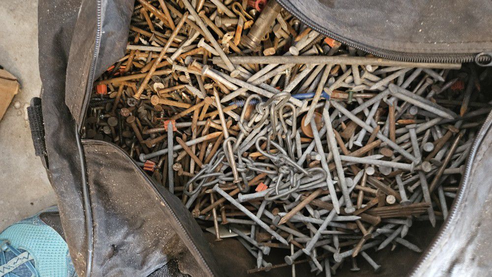 Large LEATHER Bag Of NAILS , Screws