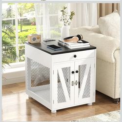 "Dog Crate Furniture w/ USB + Drawer - White'