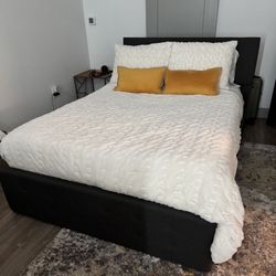 Full Size Bed w/ Gray Fabric Headboard + Built-In Storage Drawers w/ Mattress Included