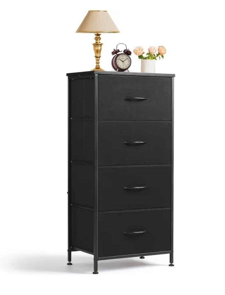 Nightstand, 4 Drawer Dresser End Table Bedside Furniture with Wooden Top Steel Frame Fabric Bins