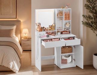 ✨ White Makeup Vanity w/ LED Mirror, charging station + Tons of Storage M-6