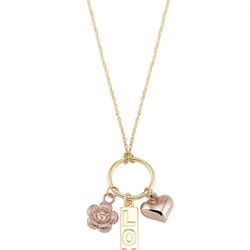 10K Two Tone Gold Love Bar, Flower, Puffed Heart Necklace,19"