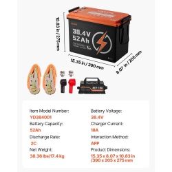 36V (38.4V) 52AH Lithium Golf Cart Battery, with 18A Charger, Lifepo4 Battery Kit, Built-in 100A BMS, 4000 Cycles, 2C Discharge Rate, Bluetooth & Mobi