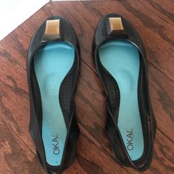  Very Stylish Oka B black & teal slingback ballet flats, Size 7