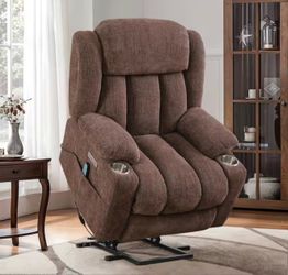 Jupiter Oversized Rust Brown Polyester Power Lift Assist Power Recliner Chair with Massage and Heat for Elderly