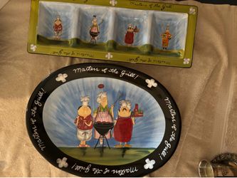 Masters of the Grill ceramic platter and divided tray for indoor or outdoor entertaining.