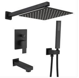 Shower System Wall Mounted with 12 in. Square Rainfall Shower head and Handheld Shower Head Set, Matte Black