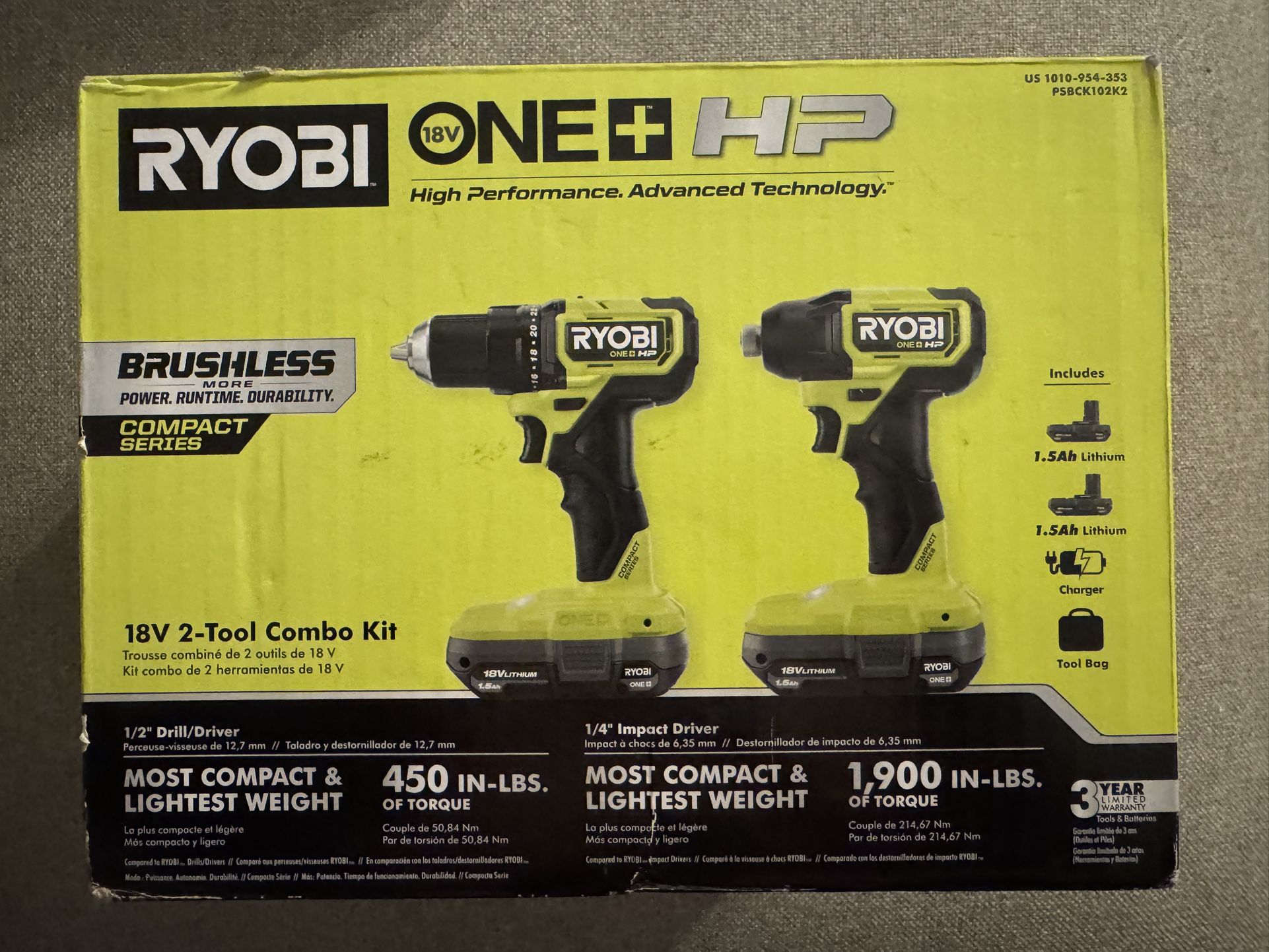 RYOBI ONE+ HP 18V Brushless Cordless Compact 1/2 in. Drill and Impact Driver Kit with (2) 1.5 Ah Batteries, Charger, and Bag