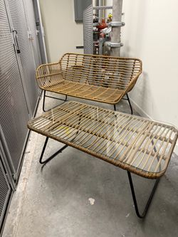 Living Spaces Outdoor Wicker Loveseat + Coffee Table