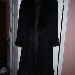 Black cashmere full length fur trim coat