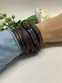 Adjustable Size up to 9.5inc Braided Multilayer Leather Bracelet (Set of 4), Forgiven