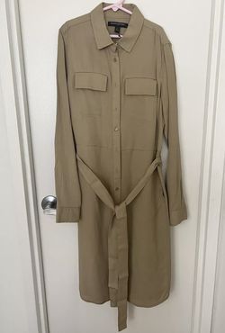 Banana Republic Khaki Collared Long Sleeve Midi Dress With Belt And Pockets
