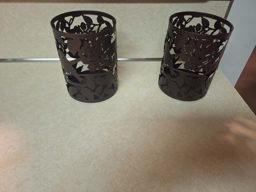 Set Of Brown Metal Candle Holders