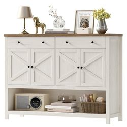 55.1" W Farmhouse Console Table with 2 Drawers, Entryway Sofa Table with Storage Shelf, Antiqued White