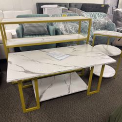 3 Pieces Modern Coffee Set, with End Table and Console Table, Contemporary Faux Marble Living Room Table Sets, White&Gold