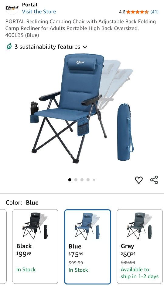 PORTAL Reclining Camping Chair with Adjustable Back Folding Camp Recliner for Adults Portable High Back Oversized, 400LBS (Blue)
