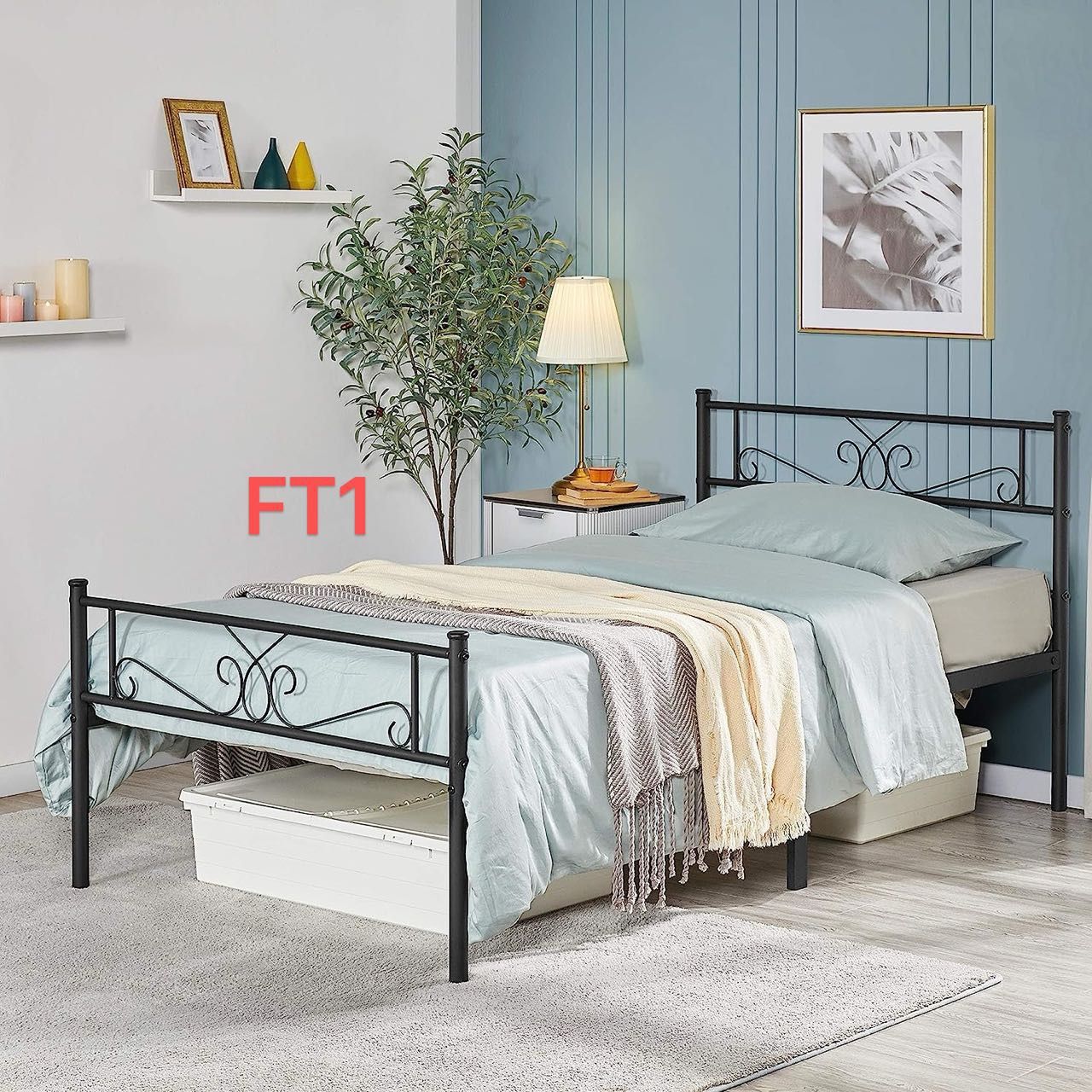 FT1 Twin Bed Frames Metal Platform Bed with Headboard and Footboard No Box Spring Needed Easy Assembly,Ground Clearance: 12.6''/Black/Twin Bed#601492(