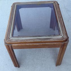 1980s Wooden Side Table w/ Glass Top and Gold Metal Detail