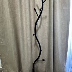 72” Black Metal Coat Hat Purse Hanger With Wood Detail